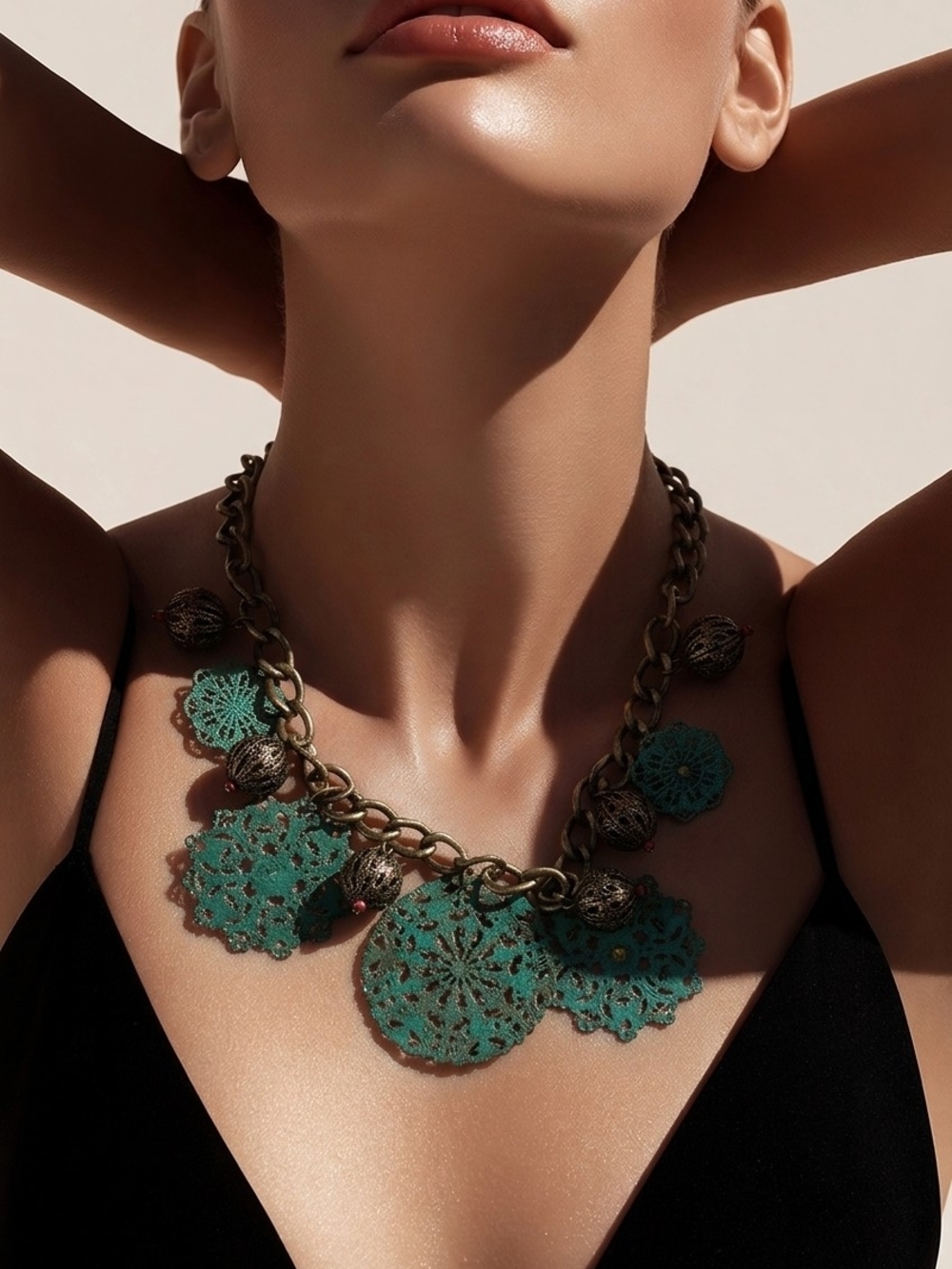 VCLM Patina Filigree Statement Necklace  Boho Chic Layered Chain Turquoise Verd